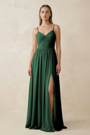 Dark Green Spaghetti Strap Pleated A-Line Chiffon Bridesmaid Dress | KISSBRIDAL