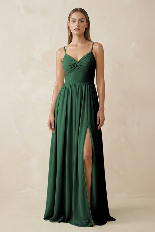 Dark Green Spaghetti Strap Pleated A-Line Chiffon Bridesmaid Dress | KISSBRIDAL