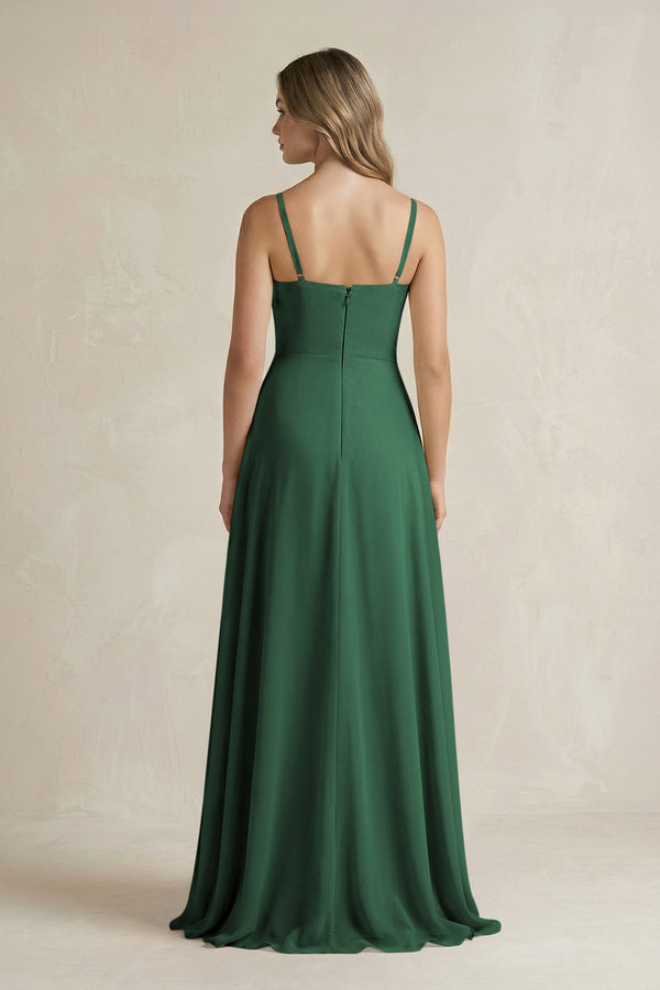Dark Green Spaghetti Strap Ruffled A-Line Chiffon Bridesmaid Dress (2) | KISSBRIDAL