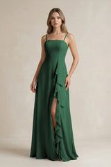 Dark Green Spaghetti Strap Ruffled A-Line Chiffon Bridesmaid Dress | KISSBRIDAL