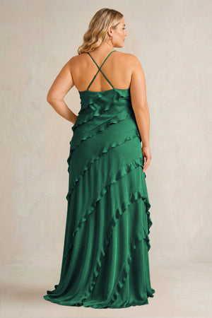Dark Green Spaghetti Straps Sheath Stain Ruffled Bridesmaid Dress (2) | KISSBRIDAL[sizeplus]