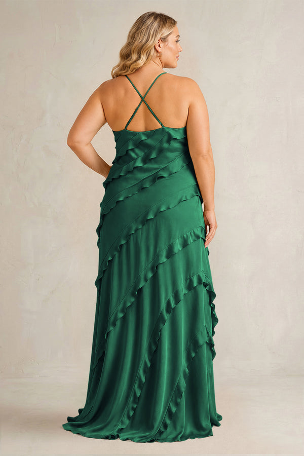Dark Green Spaghetti Straps Sheath Stain Ruffled Bridesmaid Dress (2) | KISSBRIDAL[sizeplus]