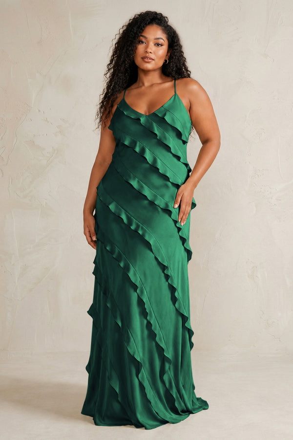 Dark Green Spaghetti Straps Sheath Stain Ruffled Bridesmaid Dress (3) | KISSBRIDAL[sizeplus]