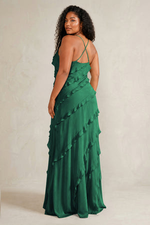 Dark Green Spaghetti Straps Sheath Stain Ruffled Bridesmaid Dress (4) | KISSBRIDAL[sizeplus]