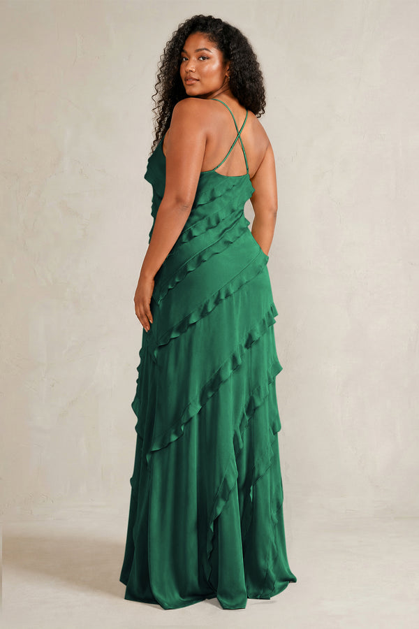 Dark Green Spaghetti Straps Sheath Stain Ruffled Bridesmaid Dress (4) | KISSBRIDAL[sizeplus]