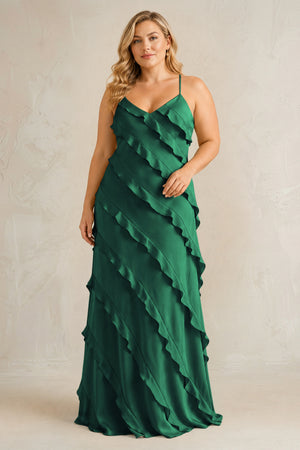 Dark Green Spaghetti Straps Sheath Stain Ruffled Bridesmaid Dress | KISSBRIDAL[sizeplus]