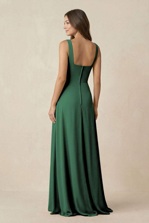 Dark Green Square Neck A-Line Bridesmaid Dress With Slit (2) | KISSBRIDAL