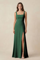 Dark Green Square Neck A-Line Bridesmaid Dress With Slit | KISSBRIDAL