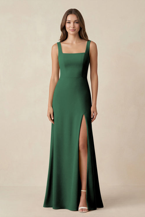 Dark Green Square Neck A-Line Bridesmaid Dress With Slit | KISSBRIDAL