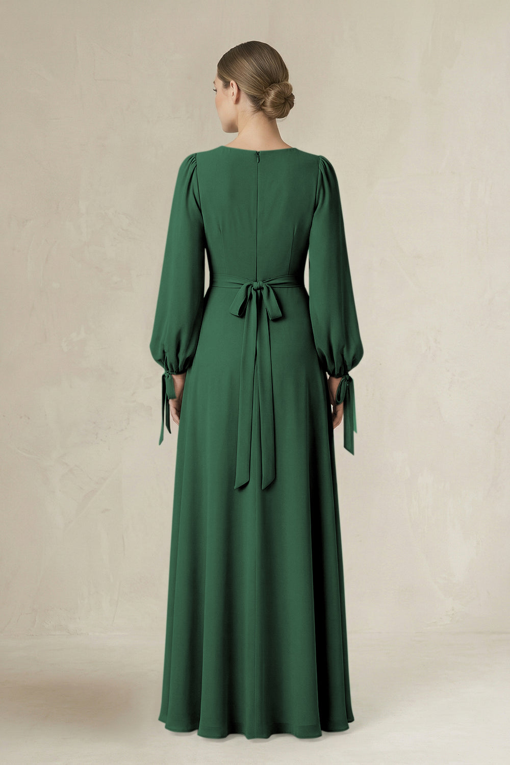 Square Neck Long Sleeve A-Line Chiffon Bridesmaid Dress in Dark Green