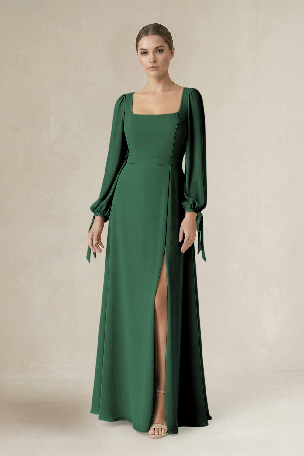 Square Neck Long Sleeve A-Line Chiffon Bridesmaid Dress in Dark Green
