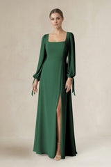 Dark Green Square Neck Long Sleeve A-Line Chiffon Bridesmaid Dress in Dark Green | KISSBRIDAL