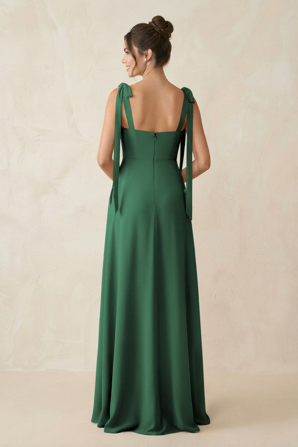 Dark Green Square Neck Sheath Chiffon Bridesmaid Dress with Bow (2) | KISSBRIDAL