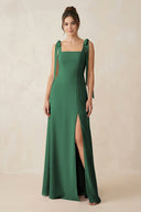Dark Green Square Neck Sheath Chiffon Bridesmaid Dress with Bow | KISSBRIDAL