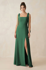 Dark Green Square Neck Sheath Chiffon Bridesmaid Dress with Bow | KISSBRIDAL