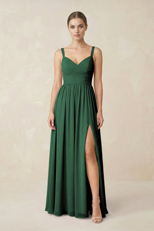Dark Green Sweetheart A-Line Chiffon Bridesmaid Dress with Slit in Dark Green | KISSBRIDAL