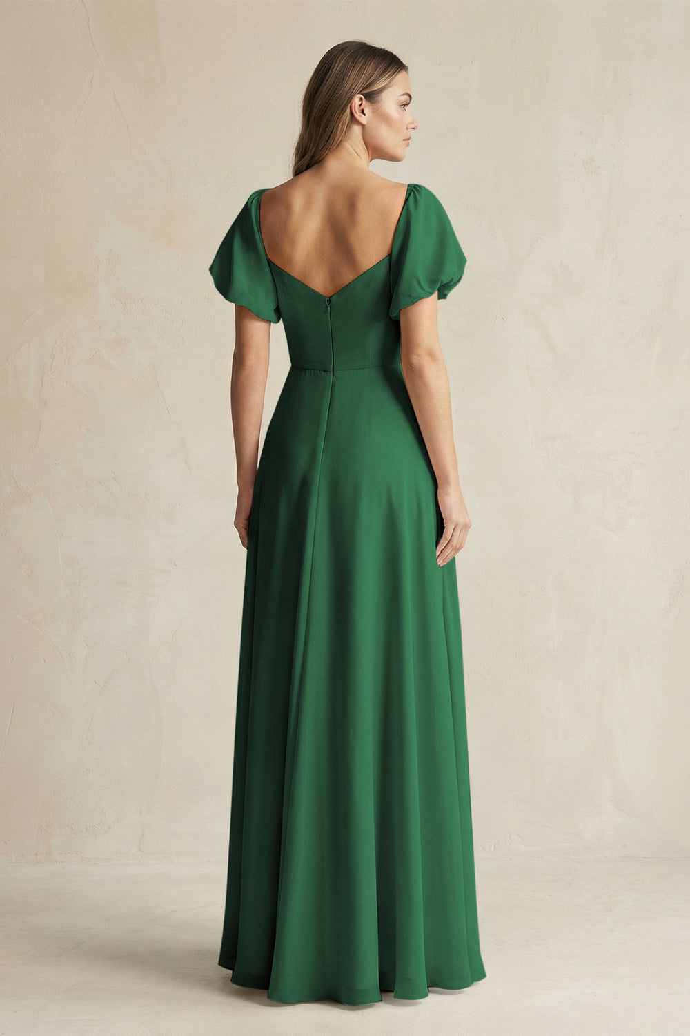Sweetheart Puff Sleeve A-Line Chiffon Bridesmaid Dress in Dark Green