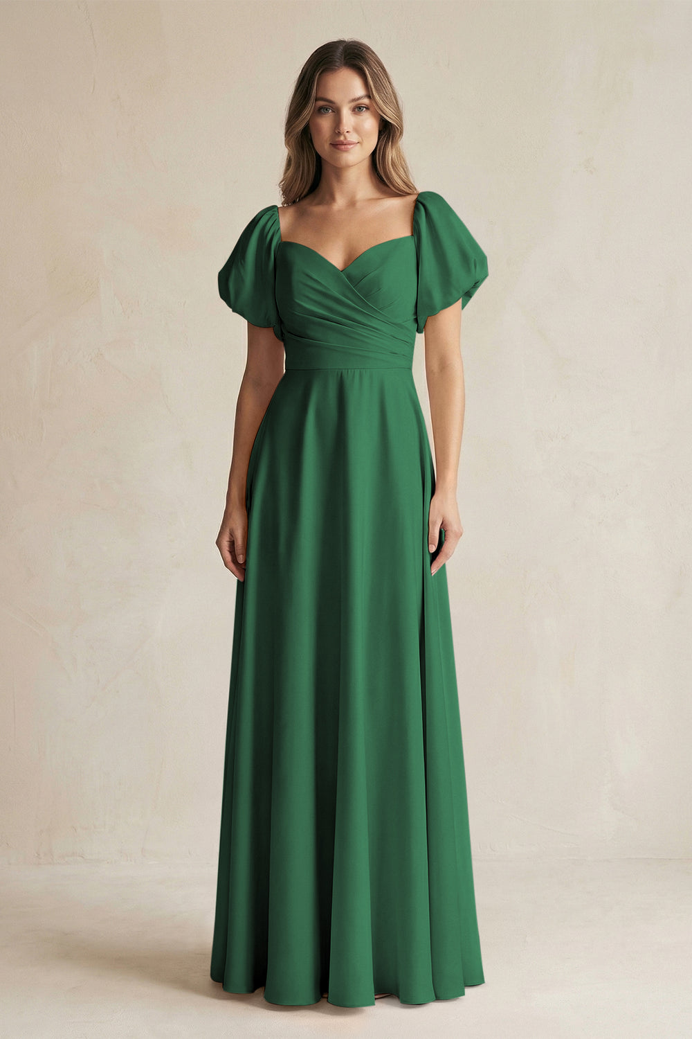 Sweetheart Puff Sleeve A-Line Chiffon Bridesmaid Dress in Dark Green