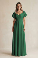 Dark Green Sweetheart Puff Sleeve A-Line Chiffon Bridesmaid Dress | KISSBRIDAL
