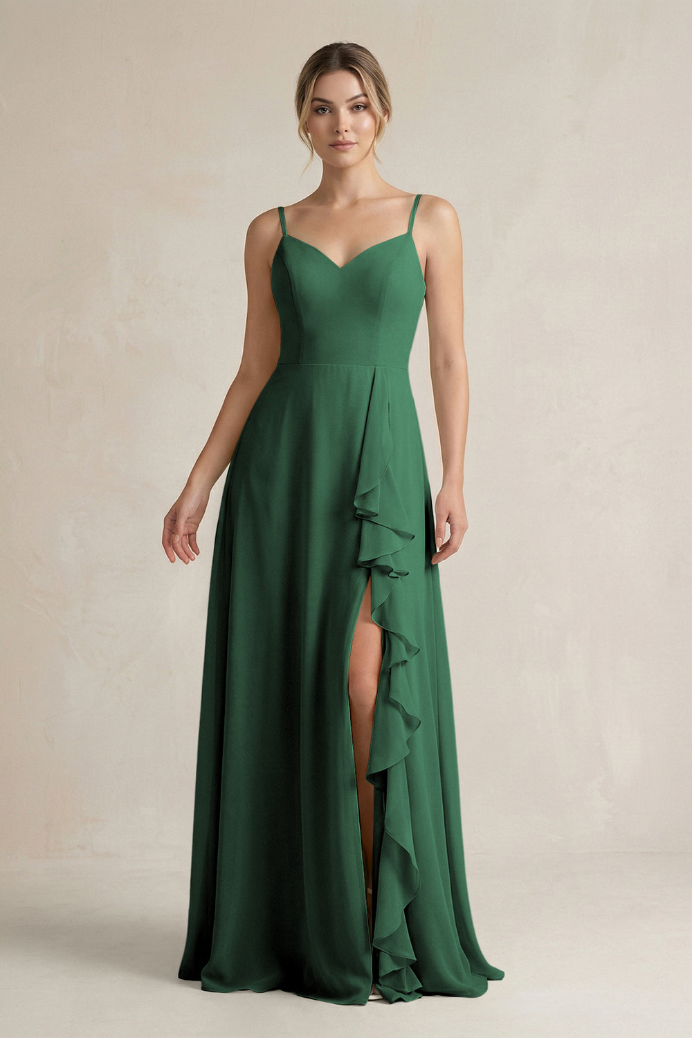 Sweetheart Ruffled A-Line Chiffon Bridesmaid Dress with Slit in Dark Green