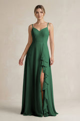 Dark Green Sweetheart Ruffled A-Line Chiffon Bridesmaid Dress with Slit | KISSBRIDAL