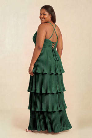Dark Green Tiered Pleated V-Neck A-Line Chiffon Bridesmaid Dress (2) [sizeplus] | KISSBRIDAL