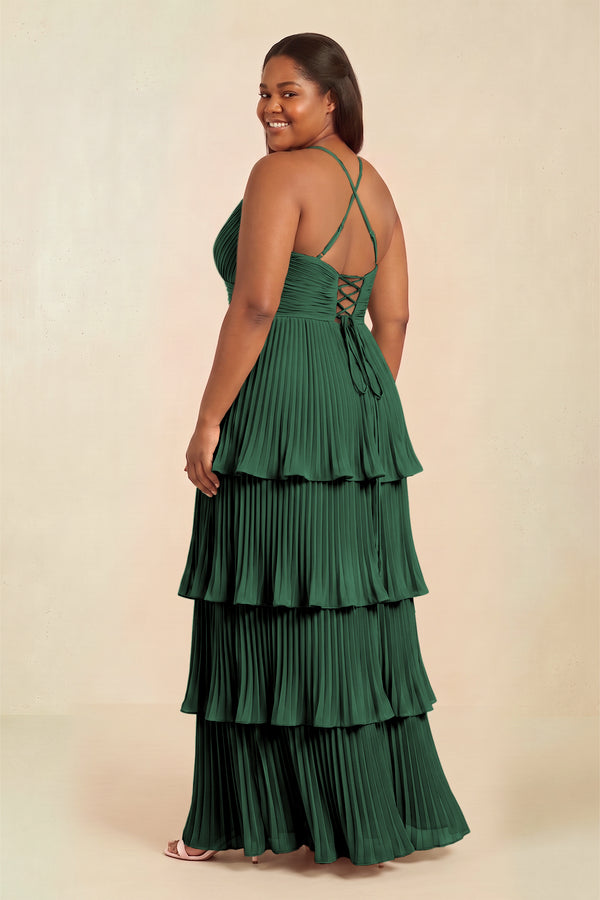 Dark Green Tiered Pleated V-Neck A-Line Chiffon Bridesmaid Dress (2) [sizeplus] | KISSBRIDAL