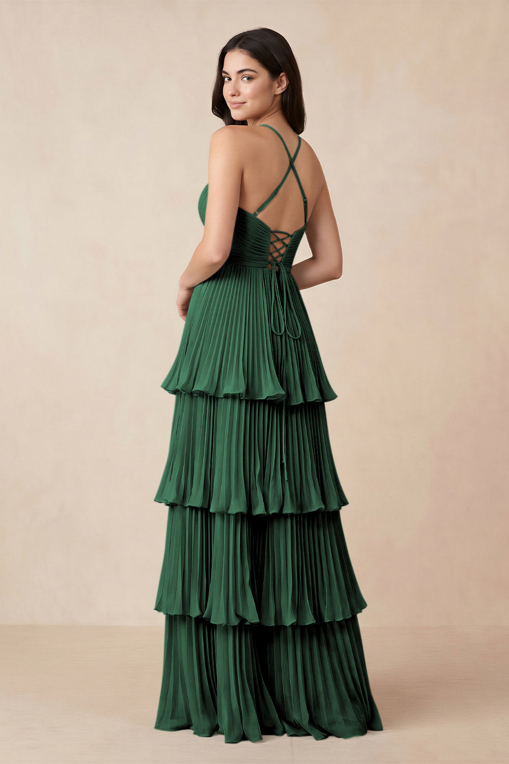 Tiered Pleated V-Neck A-Line Chiffon Bridesmaid Dress in Dark Green