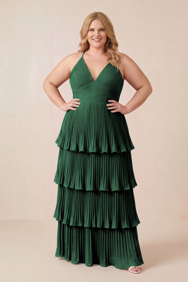 Dark Green Tiered Pleated V-Neck A-Line Chiffon Bridesmaid Dress (3) [sizeplus] | KISSBRIDAL