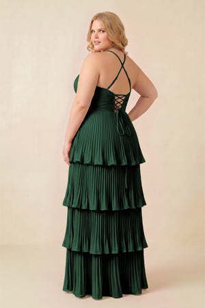 Dark Green Tiered Pleated V-Neck A-Line Chiffon Bridesmaid Dress (4) [sizeplus] | KISSBRIDAL