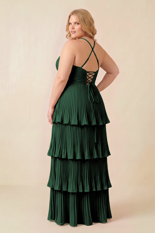 Dark Green Tiered Pleated V-Neck A-Line Chiffon Bridesmaid Dress (4) [sizeplus] | KISSBRIDAL