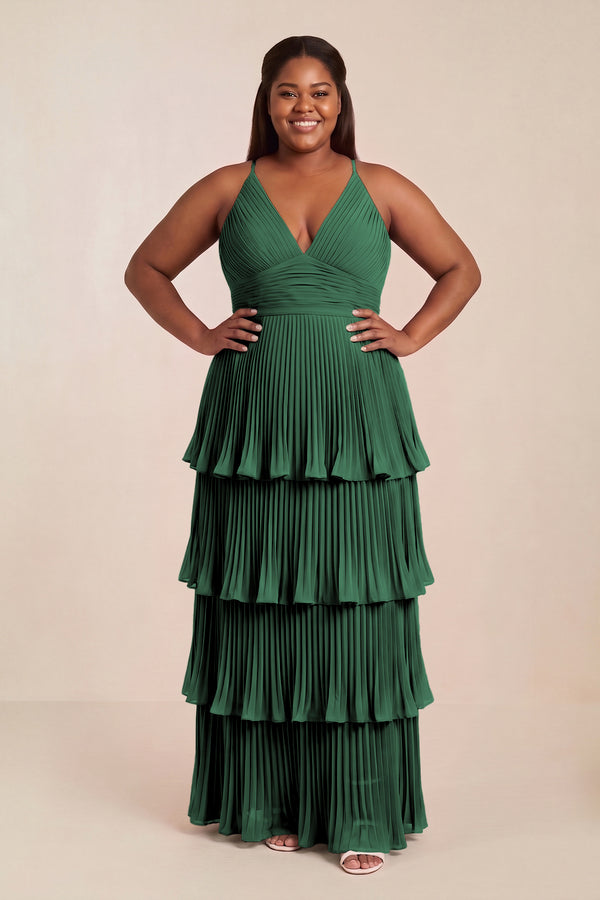 Dark Green Tiered Pleated V-Neck A-Line Chiffon Bridesmaid Dress [sizeplus] | KISSBRIDAL