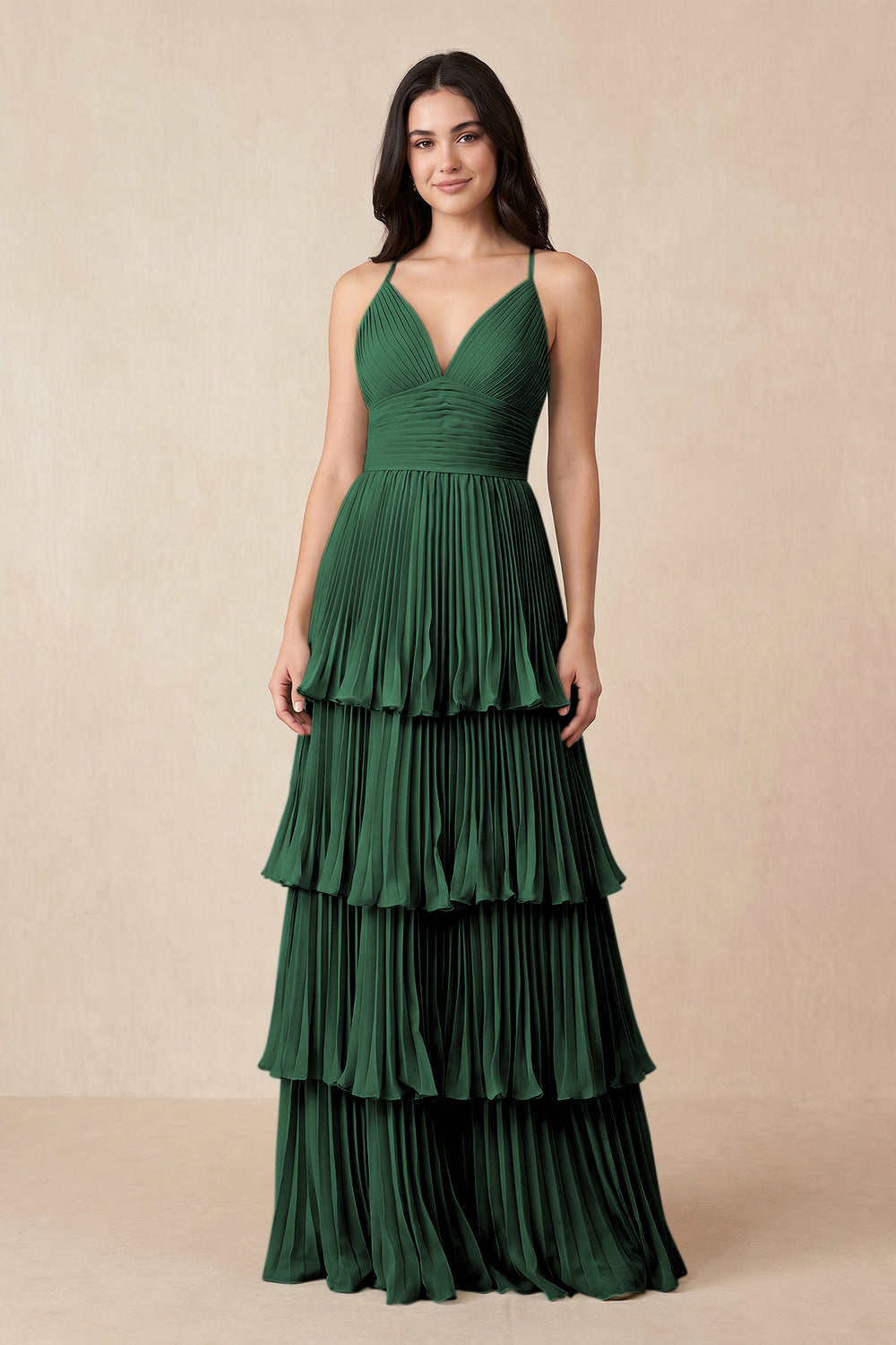 Tiered Pleated V-Neck A-Line Chiffon Bridesmaid Dress in Dark Green