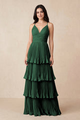 Dark Green Tiered Pleated V-Neck A-Line Chiffon Bridesmaid Dress | KISSBRIDAL