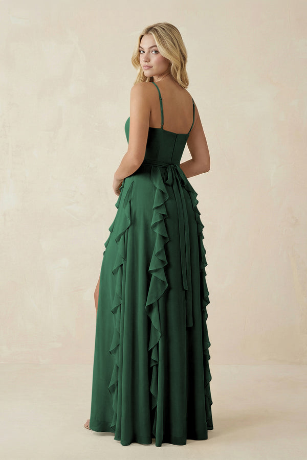 Dark Green Tiered Ruffle A-Line Chiffon Bridesmaid Dress (2) | KISSBRIDAL