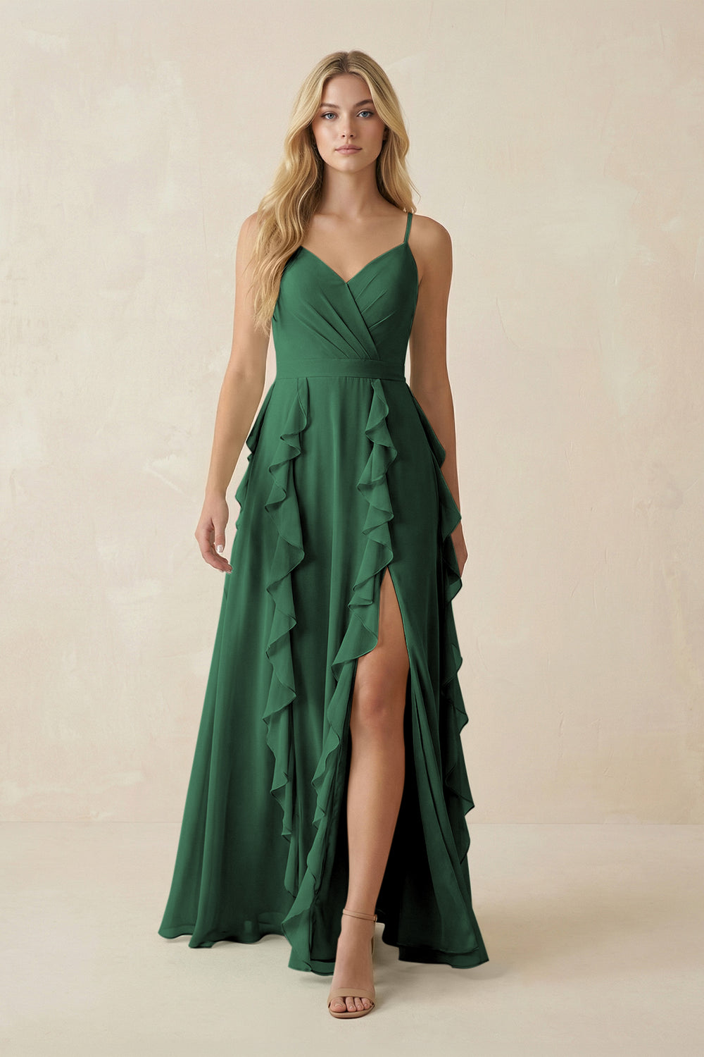 Tiered Ruffle A-Line Chiffon Bridesmaid Dress in Dark Green
