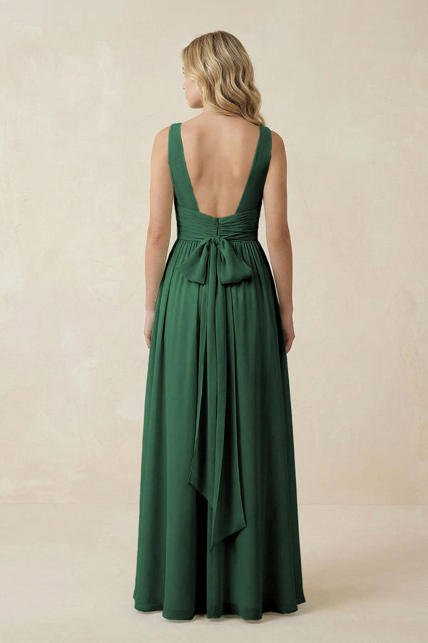 Dark Green V-Neck A-Line Bridesmaid Dress with Back Bow (2) | KISSBRIDAL