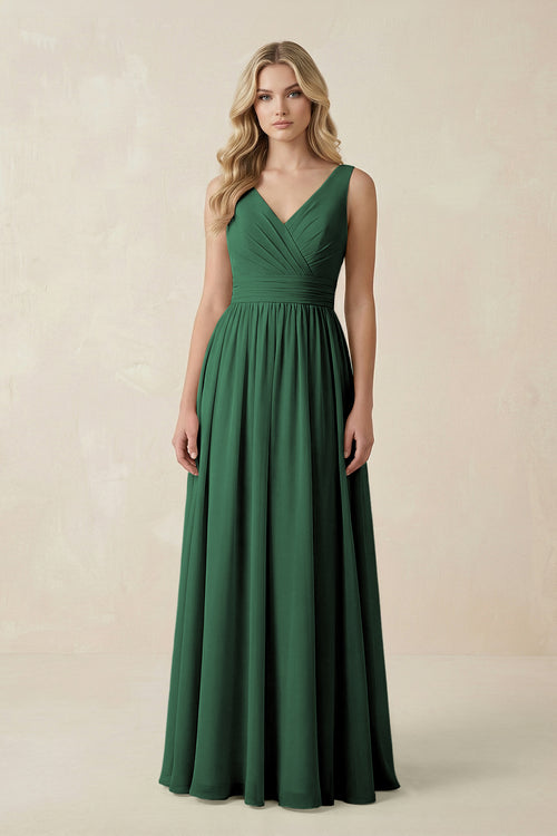 Dark Green V-Neck A-Line Bridesmaid Dress with Back Bow | KISSBRIDAL
