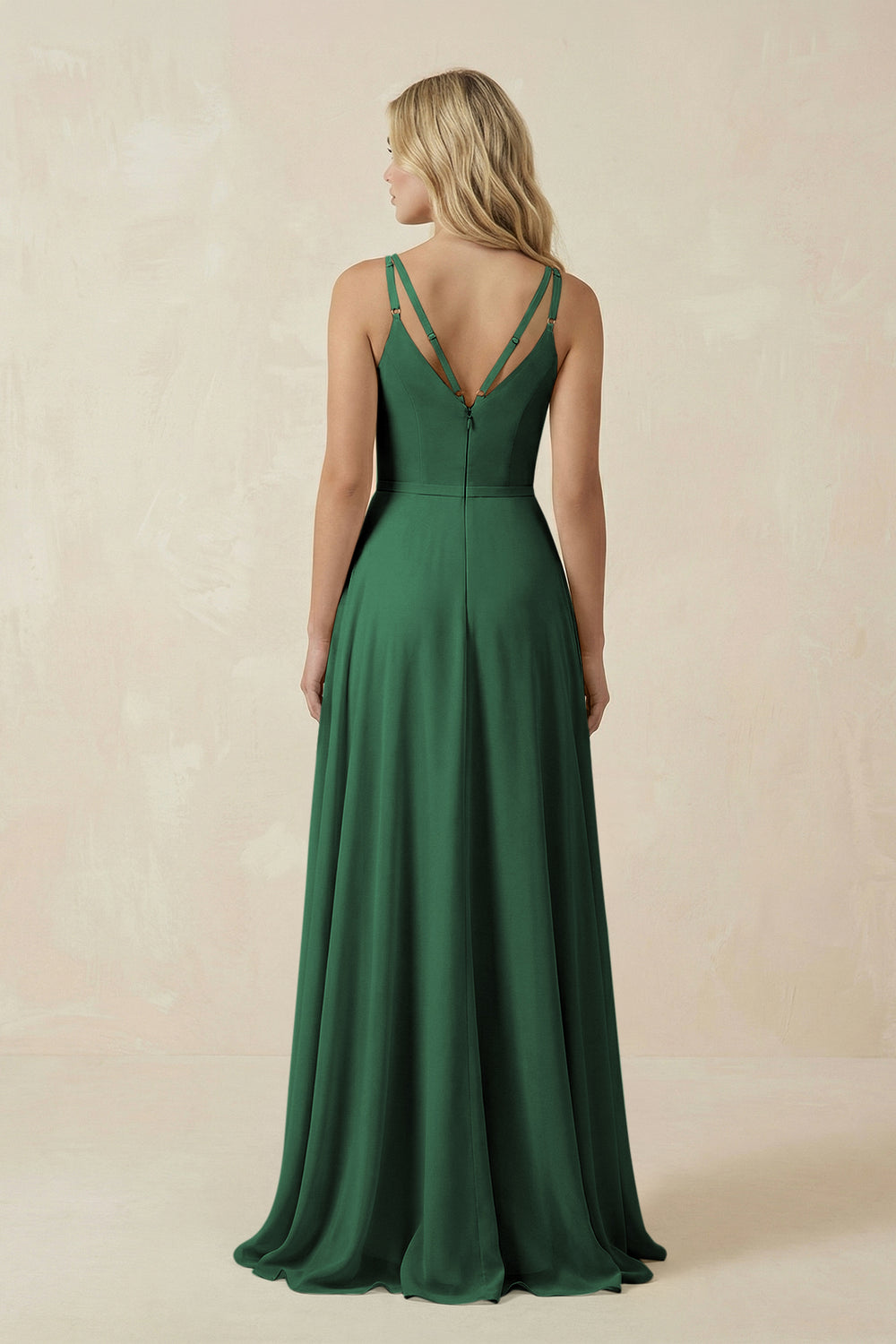 V-Neck A-Line Chiffon Bridesmaid Dress with Crisscross Back in Dark Green