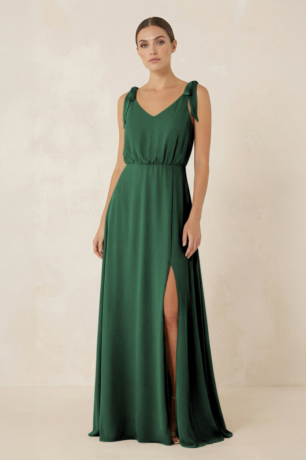 V-Neck A-Line Chiffon Bridesmaid Dress in Dark Green