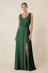 Dark Green V-Neck A-Line Chiffon Bridesmaid Dress | KISSBRIDAL