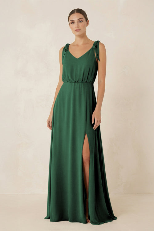 Dark Green V-Neck A-Line Chiffon Bridesmaid Dress | KISSBRIDAL
