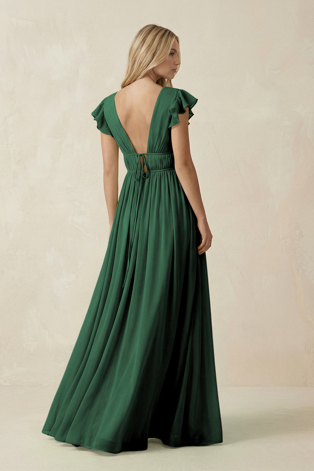 V-Neck A-Line Chiffon Cap Sleeves Bridesmaid Dress in Dark Green