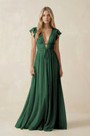 Dark Green V-Neck A-Line Chiffon Cap Sleeves Bridesmaid Dress | KISSBRIDAL