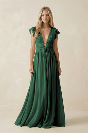 Dark Green V-Neck A-Line Chiffon Cap Sleeves Bridesmaid Dress | KISSBRIDAL