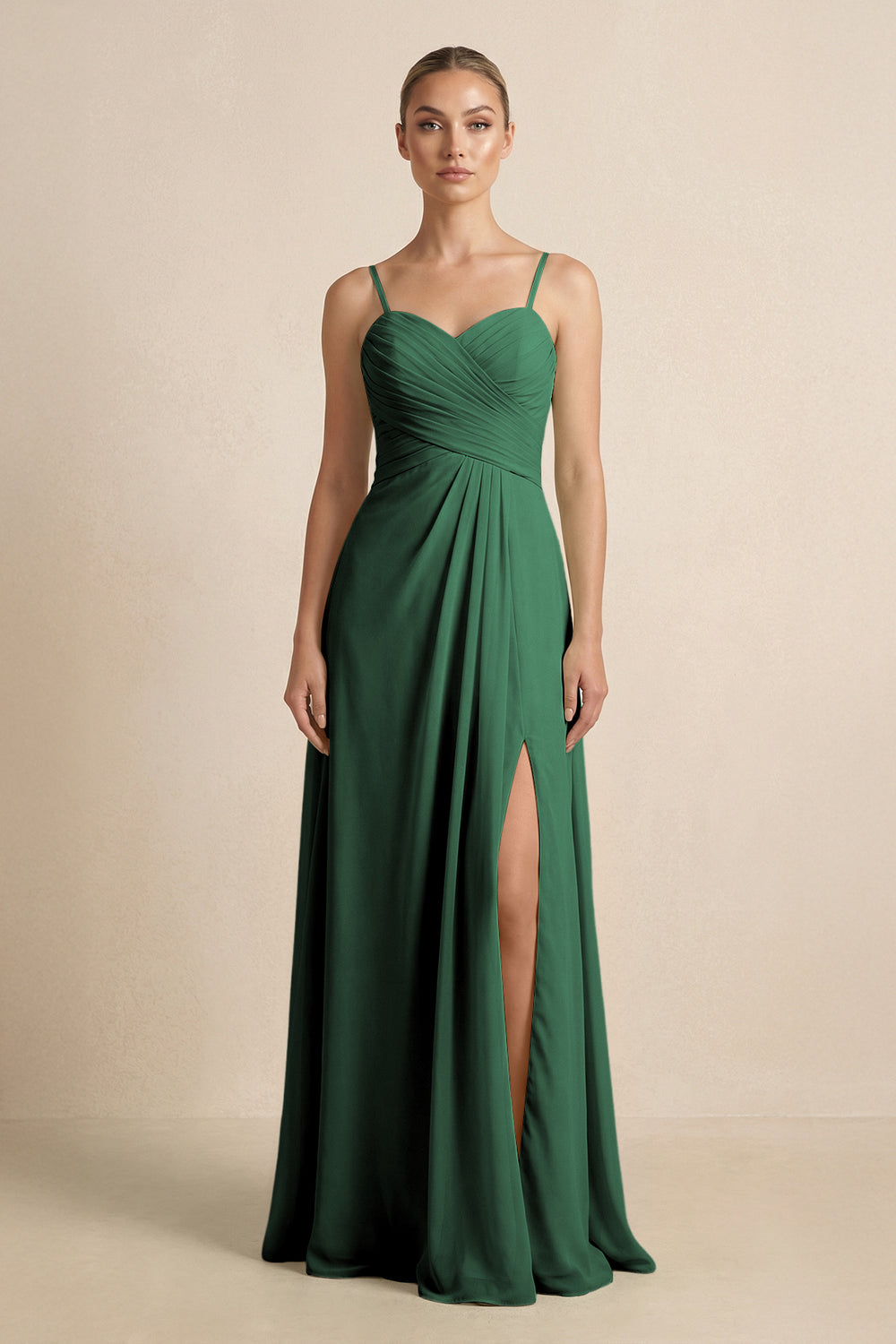 V-Neck A-Line Chiffon Pleated Bridesmaid Dress in Dark Green