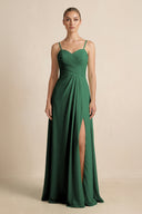 Dark Green V-Neck A-Line Chiffon Pleated Bridesmaid Dress | KISSBRIDAL