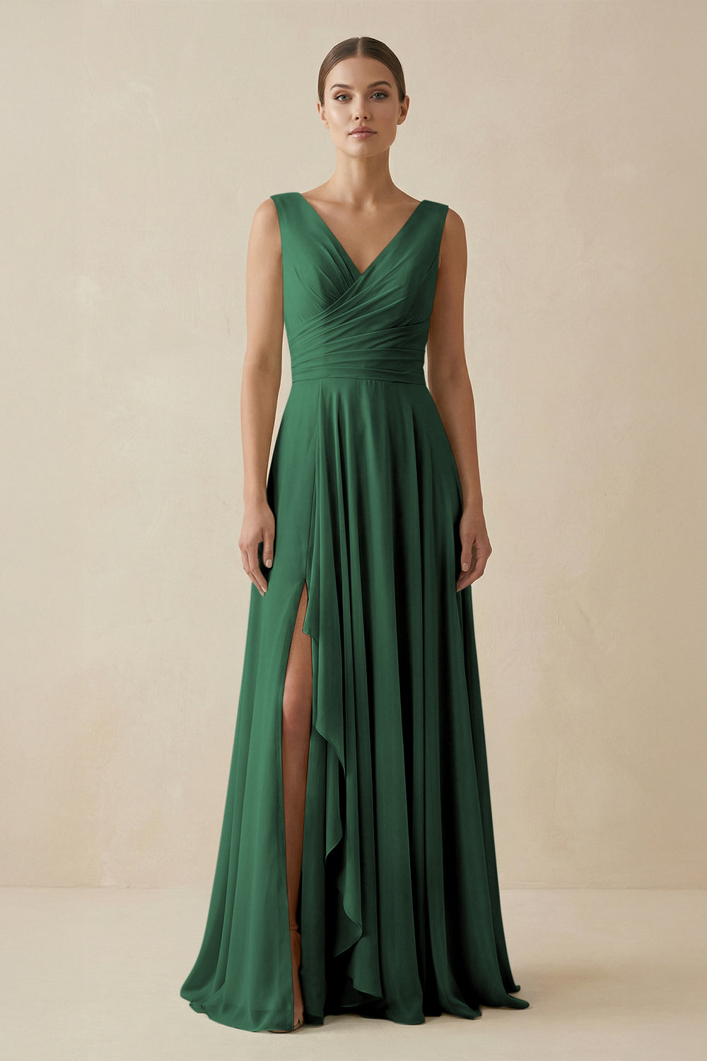 V-Neck A-Line Chiffon Ruffled Bridesmaid Dress in Dark Green