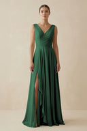 Dark Green V-Neck A-Line Chiffon Ruffled Bridesmaid Dress | KISSBRIDAL