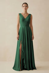 Dark Green V-Neck A-Line Chiffon Ruffled Bridesmaid Dress | KISSBRIDAL